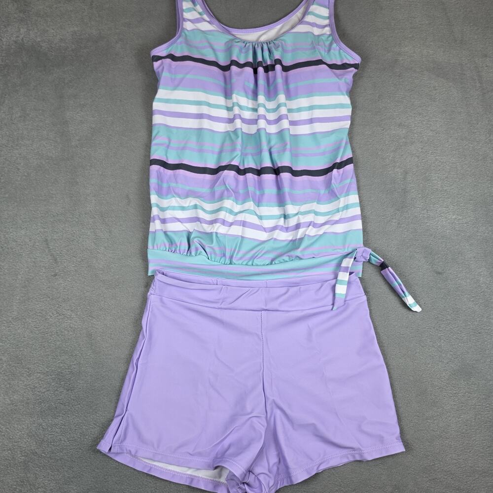 Women’s Tankini Swim Set Size L Purple Stripe Tank Top Swim Shorts Bathing Suit